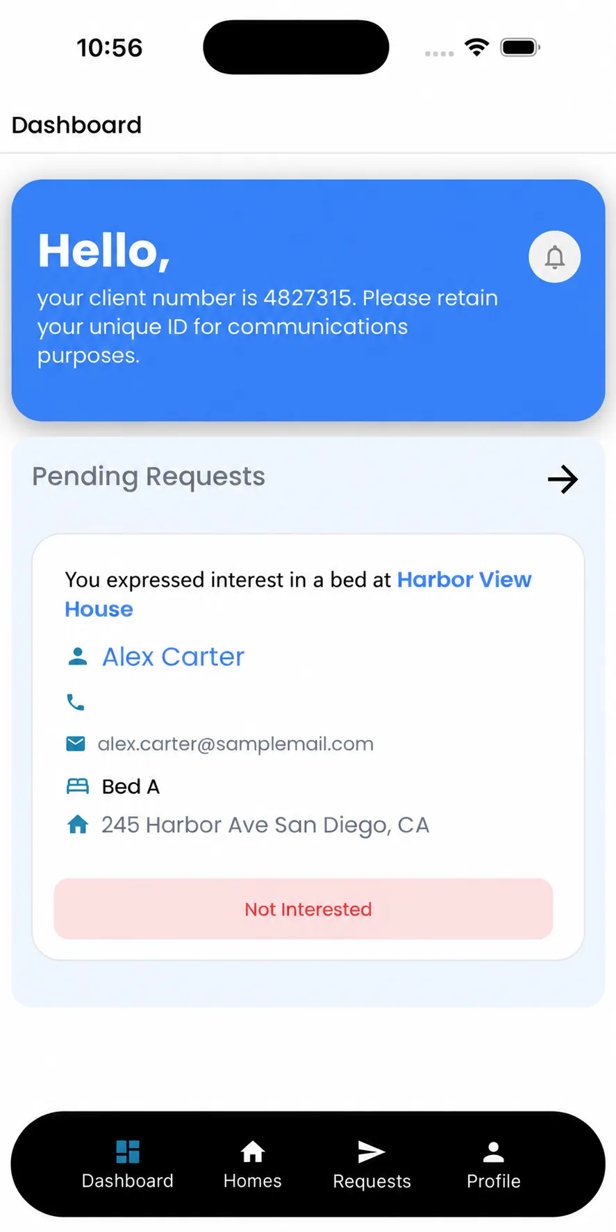 Sanitized RRA Beds client dashboard showing a pending placement request