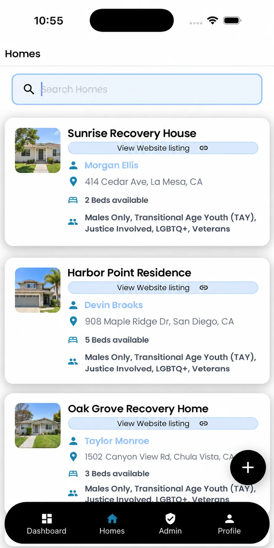 Sanitized RRA Beds homes directory showing searchable recovery housing listings
